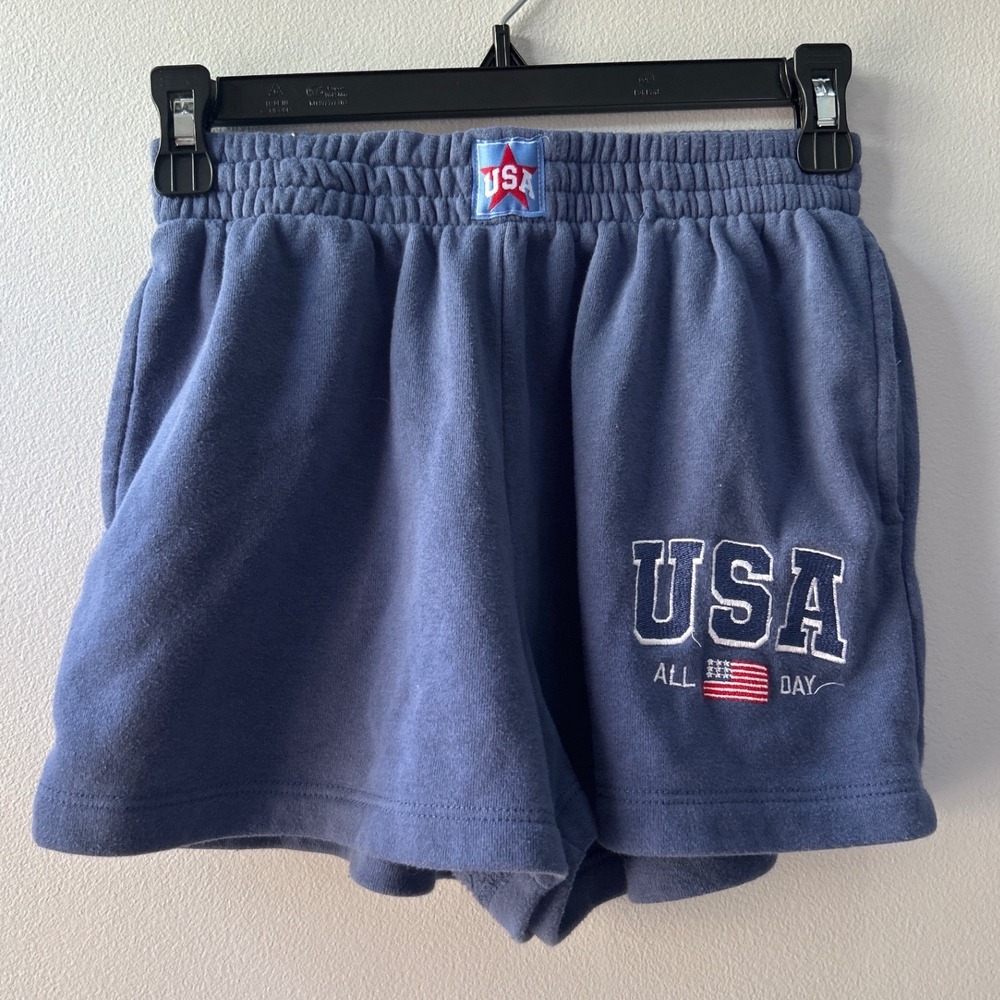 Zoe + Liv Women Blue USA All Day Graphic Fleece Sweat Shorts Small High Rise